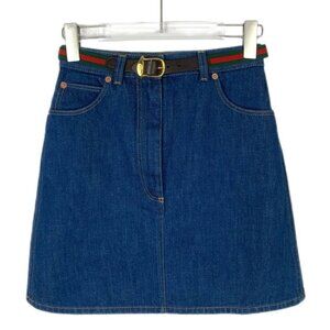 Gucci Blue Cotton Denim Skirt With Leather Belt & Logo Accent Made In Italy Size